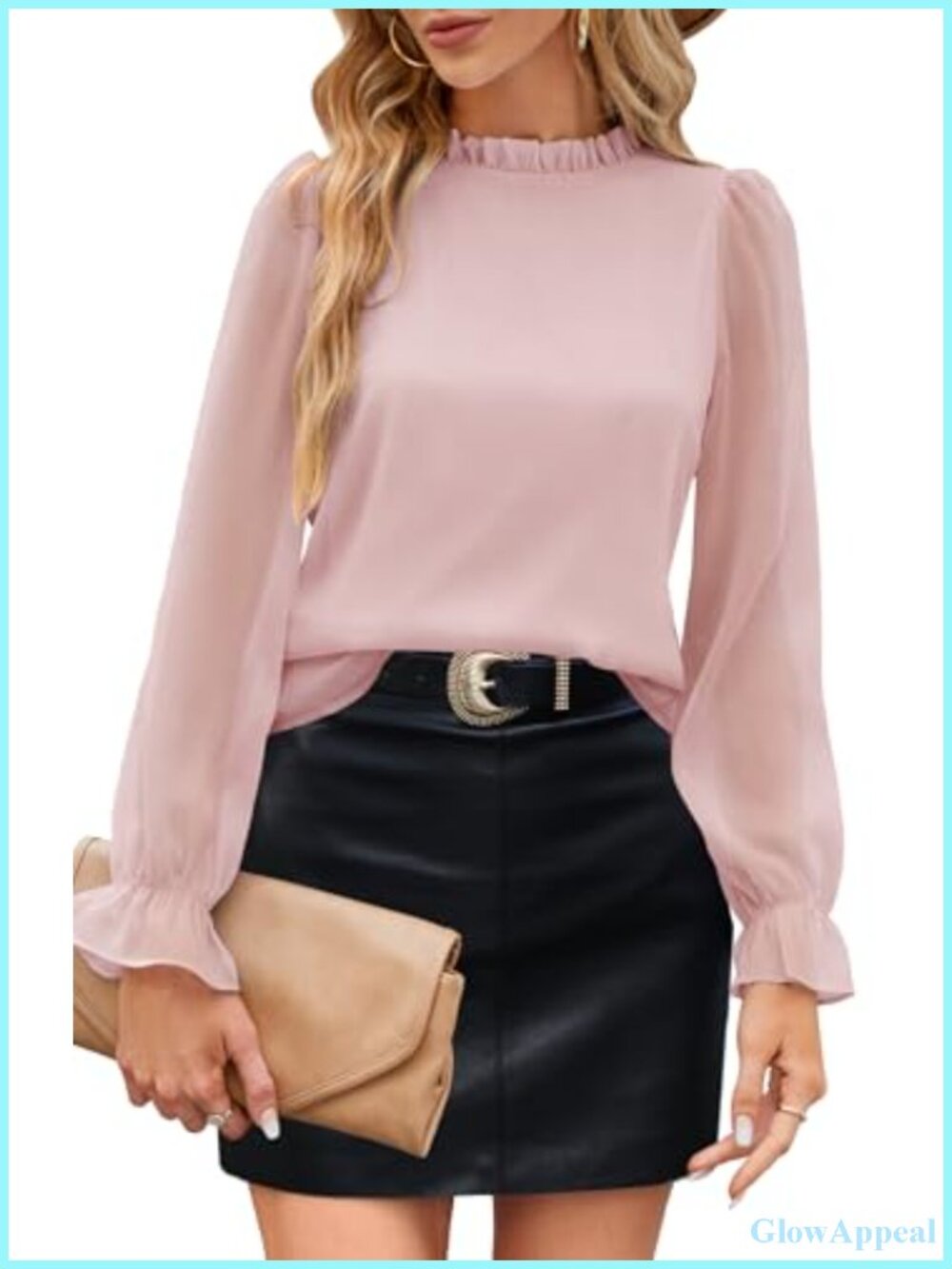 Womens Chiffon Blouse Mock Neck Lantern Sleeve Work Top